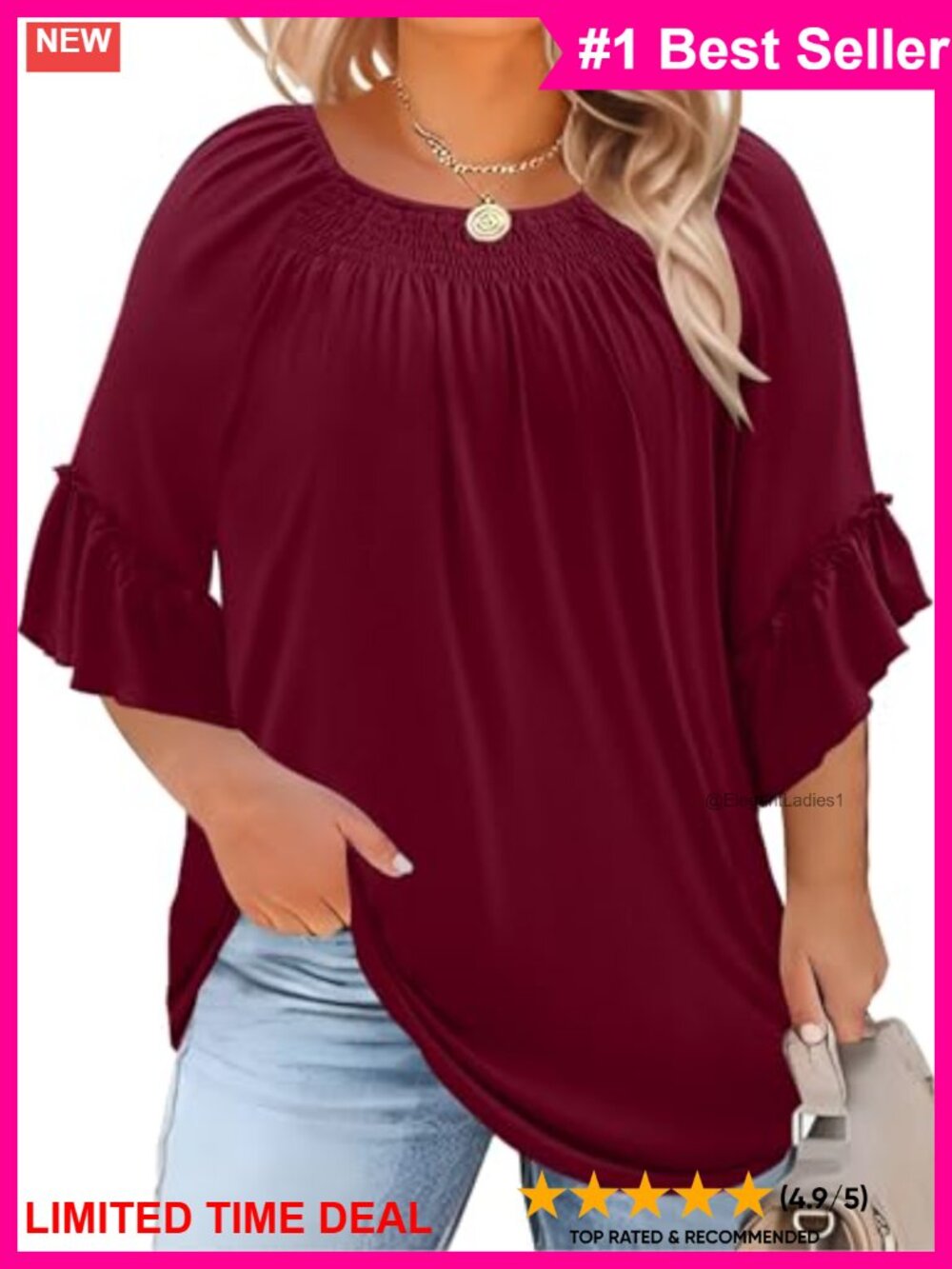 Plus Size Pleated Crewneck 3/4 Ruffle Sleeve Tunic Top